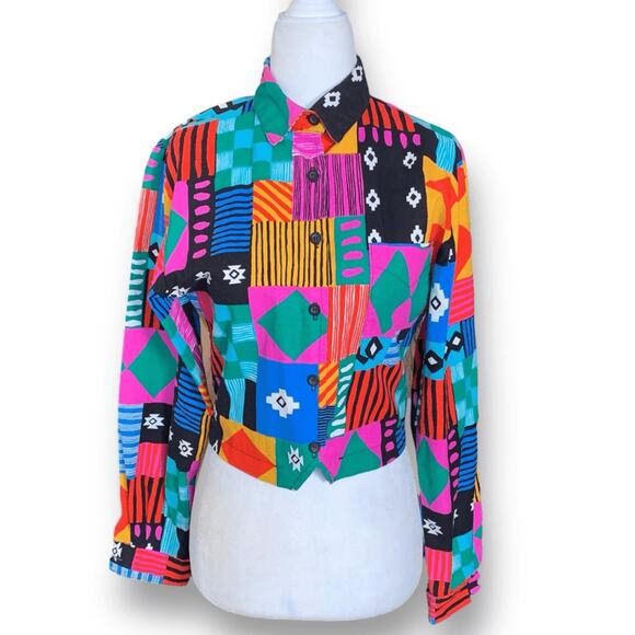 Vintage Roughrider Shirt Geometric Western Crop Top Bold Multicolor Patchwork XS - Picture 10 of 11